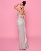 Woman in a silver evening gown against a pink background