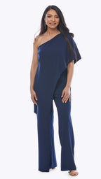 Woman wearing a blue one-shoulder jumpsuit on a white background
