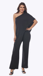 Woman wearing a black one-shoulder jumpsuit on a white background