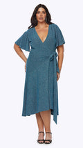 Woman wearing a blue dress on a white background