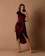 Woman wearing a burgundy one-shoulder dress against a brown background