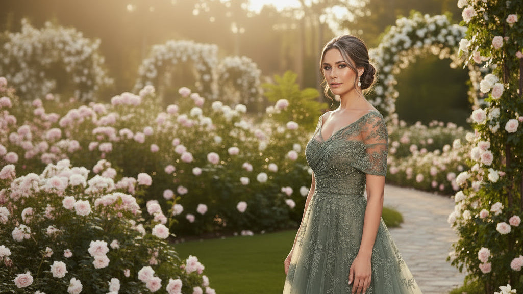 Woman wearing a green lace dress against a pink curtain background