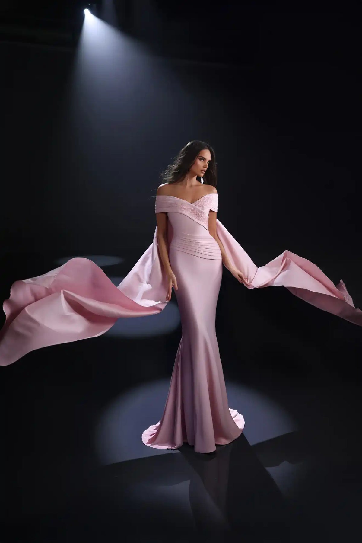 A woman modeling a floor-length off-the-shoulder evening gown in soft blush pink, with dramatic flowing fabric extending from the sleeves, posed on a dark studio background under spotlights.